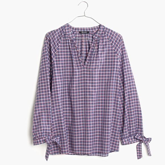 Madewell Blue Red Tie-Sleeve Linen Blend Top in Whitby Plaid Size Small - Picture 12 of 12